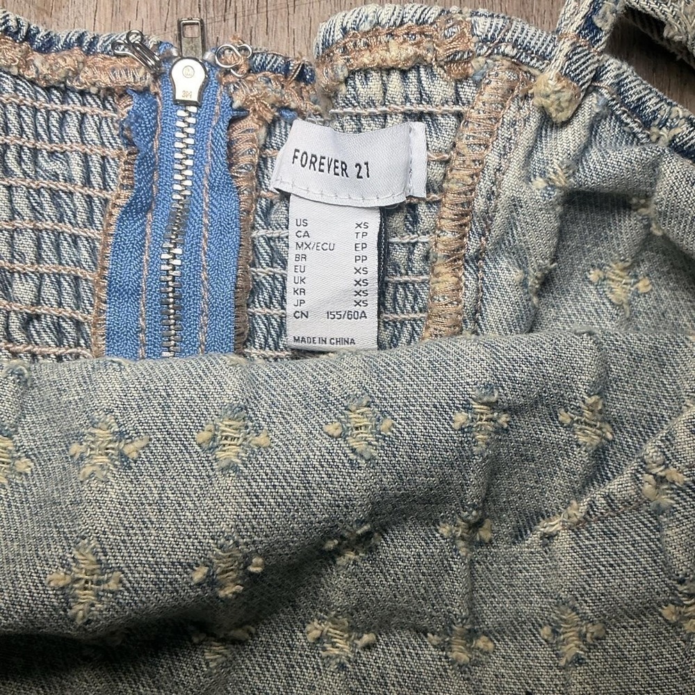 Forever 21 Blue Denim Grid Texture Strapless Mini Dress Y2K Going Out Size XS - Picture 4 of 6
